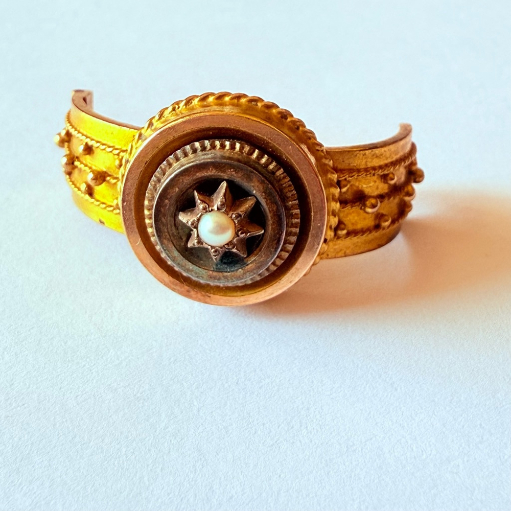 14K Solid Gold Antique Victorian Etruscan Revival Pearl Octagram Star Pin/Brooch